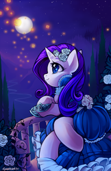 Size: 3300x5100 | Tagged: safe, artist:momo-deary, imported from twibooru, rarity, firefly (insect), insect, pony, unicorn, balcony, beautiful, clothes, crossed legs, cute, dress, eye reflection, female, flower, flower in hair, full moon, hoof shoes, image, mare, moon, night, paywall content, png, profile, raribetes, reflection, solo, starry night, stars, valley