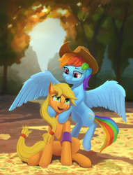 Size: 1966x2580 | Tagged: safe, artist:gouransion, imported from derpibooru, applejack, rainbow dash, earth pony, pegasus, pony, accessory swap, digital art, duo, happy, hat, hug, open mouth, open smile, smiling, spread wings, tree, wings