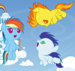 Size: 4200x4000 | Tagged: safe, artist:beavernator, imported from derpibooru, rainbow dash, soarin', spitfire, pegasus, pony, baby, baby dash, baby pony, beavernator is trying to murder us, cloudsdale, colt, cute, cutefire, dashabetes, female, filly, flying, foal, male, open mouth, open smile, smiling, soarinbetes, spread wings, trio, wings, younger