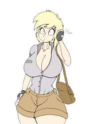 Size: 2894x4093 | Tagged: safe, artist:aerodoggy, imported from derpibooru, derpy hooves, human, bag, big breasts, breasts, busty derpy hooves, cleavage, clothes, eyelashes, female, fingerless gloves, gloves, huge breasts, humanized, mailbag, shorts, simple background, solo, white background, wide eyes