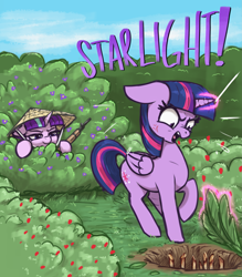 Size: 2435x2785 | Tagged: safe, artist:t72b, imported from derpibooru, starlight glimmer, twilight sparkle, alicorn, pony, unicorn, angry, bush, cross-popping veins, emanata, flower, garden, gun, hat, hiding, historical roleplay starlight, hole, looking down, magic, open mouth, pitfall, punji sticks, rage, rifle, s5 starlight, smiling, spikes, straw hat, this will end in communism, trap (device), twilight sparkle (alicorn), vietcong, vietnam, vietnam war, weapon, yelling