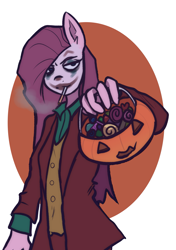 Size: 2039x2893 | Tagged: safe, artist:meliciamelano, imported from derpibooru, pinkie pie, anthro, plantigrade anthro, candy, cigarette, clothes, costume, food, halloween, halloween costume, high res, holiday, joker (2019), looking at you, makeup, pinkamena diane pie, pumpkin, simple background, trick or treat