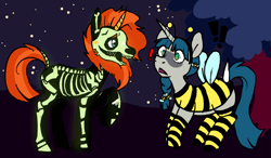 Size: 2045x1195 | Tagged: safe, artist:/d/non, imported from derpibooru, stygian, sunburst, bee, pony, unicorn, blue hair, bone, bumblebee, bumblebee costume, clothes, costume, gay, grey fur, male, mlp fim's twelfth anniversary, nightmare night, nightmare night costume, orange hair, scared, shipping, skeleton, skeleton costume, stallion, startled, styburst