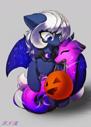Size: 1273x1781 | Tagged: safe, artist:fnb, imported from derpibooru, oc, oc:night peregrine, halloween, holiday, mouth hold, pumpkin bucket