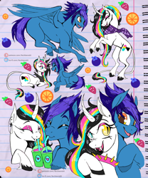 Size: 1700x2039 | Tagged: safe, artist:liechisenshi, imported from derpibooru, oc, oc only, oc:printer jam, pegasus, pony, unicorn, collar, curved horn, drinking, duo, fangs, horn, leonine tail, sketchpage, slit pupils, smoothies, spiked collar, tail, unshorn fetlocks