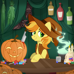 Size: 1500x1500 | Tagged: safe, artist:kawaiizhele, imported from derpibooru, braeburn, bat, earth pony, accessory, blood, braebetes, candy, commission, cute, food, halloween, holiday, knife, looking at you, male, pumpkin, smiling, solo, stallion, two toned mane, ych result