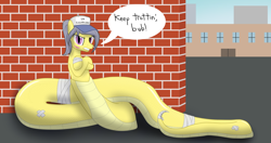 Size: 1900x1000 | Tagged: safe, artist:mightyshockwave, imported from derpibooru, oc, oc only, unnamed oc, lamia, original species, brick wall, city, coils, hat, ponytail, regular show