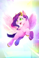 Size: 1200x1800 | Tagged: safe, artist:demiesop, imported from derpibooru, pipp petals, pegasus, pony, female, flying, g5, headband, jewelry, mare, open mouth, solo, unshorn fetlocks
