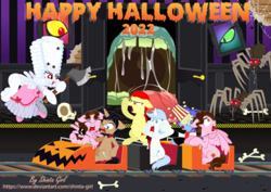 Size: 1280x906 | Tagged: safe, artist:shinta-girl, imported from derpibooru, oc, oc only, oc:angel, oc:frozen rose, oc:joshka, oc:shinta pony, oc:taekwon magic, pegasus, spider, unicorn, aaron pony, angry, axe, drool, drool string, food, group, halloween, haunted house, holiday, marie antoinette, pegasus oc, popcorn, ride, scared, screaming, skull, spider web, terror, weapon