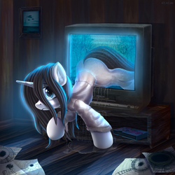 Size: 3000x3000 | Tagged: safe, artist:atlas-66, imported from derpibooru, pony, unicorn, clothes, drawing, dress, female, looking at you, mare, paper, picture, picture frame, ponified, samara morgan, solo, television, the ring, water, wet