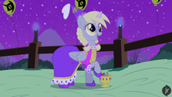 Size: 1920x1080 | Tagged: safe, artist:facelessjr, imported from derpibooru, derpy hooves, pegasus, alternate hairstyle, bag, balloon, braid, braided pigtails, candle, candy, candy bag, clothes, costume, derp, dress, fake horn, fence, food, hat, hennin, night, nightmare night, nightmare night symbol, pigtails, pose, princess, princess costume, smiling, solo