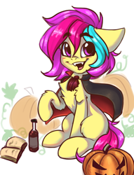 Size: 1668x2188 | Tagged: safe, artist:falafeljake, imported from derpibooru, oc, oc only, oc:cuihua, pony, book, bottle, chest fluff, halloween, holiday, jack-o-lantern, pumpkin, raised hoof, simple background, sitting, solo, white background