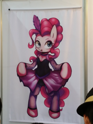 Size: 1000x1333 | Tagged: safe, artist:maren, imported from derpibooru, pinkie pie, earth pony, pony, 2014, bipedal, clothes, curtsey, digital art, dress, female, irl, mare, old art, open mouth, photo, saloon dress, saloon pinkie, solo, standing on two hooves