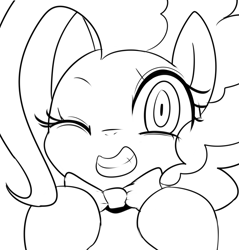 Size: 1912x2000 | Tagged: safe, artist:maren, imported from derpibooru, pinkie pie, earth pony, pony, 2014, bowtie, bust, female, grin, mare, monochrome, old art, one eye closed, portrait, smiling, solo