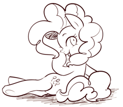 Size: 897x783 | Tagged: safe, artist:maren, imported from derpibooru, pinkie pie, earth pony, pony, 2015, :p, boop, female, looking back, lying down, mare, monochrome, old art, on side, self-boop, solo, tongue out