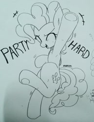 Size: 998x1298 | Tagged: safe, artist:maren, imported from derpibooru, pinkie pie, earth pony, pony, 2017, bipedal, dancing, dialogue, eyes closed, female, mare, old art, open mouth, party hard, solo, traditional art