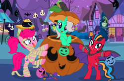 Size: 3000x1973 | Tagged: safe, artist:lynnthenerdkitty, artist:orionofthestars, imported from derpibooru, earth pony, pegasus, pony, unicorn, base used, bipedal, candy, elita-1, food, halloween, holiday, jack-o-lantern, moonracer, nightmare night symbol, ponyville, pumpkin, pumpkin bucket, windblade