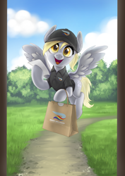 Size: 2480x3508 | Tagged: safe, artist:taytinabelle, imported from derpibooru, derpy hooves, pegasus, pony, clothes, cute, derpabetes, doordash, female, flying, grass, grass field, happy, hat, hoof hold, looking at you, mare, open mouth, open smile, polo shirt, raised hoof, smiling, solo, spread wings, uniform, wings