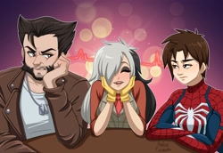 Size: 3636x2500 | Tagged: safe, artist:ameliacostanza, imported from derpibooru, discord, human, crossover, eris, female, hand on chin, humanized, logan, male, marvel, peter parker, rule 63, spider-man, ultimate spiders and magic, wolverine