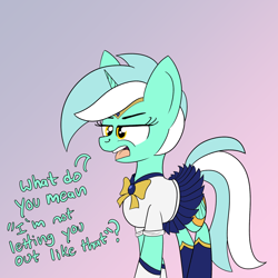 Size: 2000x2000 | Tagged: safe, artist:dafiltafish, imported from derpibooru, lyra heartstrings, pony, unicorn, clothes, costume, gradient background, halloween, holiday, mlp fim's twelfth anniversary, sailor scout, sailor uranus, solo, speech bubble, text