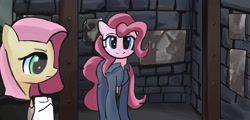 Size: 2085x1000 | Tagged: safe, artist:solid shrimp, imported from derpibooru, fluttershy, pinkie pie, earth pony, pegasus, cell, clothes, jail cell, jumpsuit, silence of the lambs