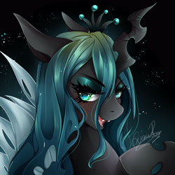 Size: 4000x3992 | Tagged: safe, artist:evanrank, imported from derpibooru, queen chrysalis, changeling, changeling queen, crown, female, high res, hoof on chest, jewelry, open mouth, open smile, regalia, smiling, solo