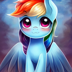 Size: 512x512 | Tagged: safe, imported from derpibooru, rainbow dash, pegasus, pony, ai content, ai generated, blushing, cute, dashabetes, female, generator:stable diffusion, looking at you, mare, smiling, smiling at you, solo, wings