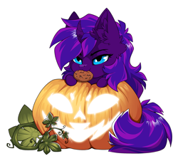 Size: 1500x1356 | Tagged: safe, alternate version, artist:arctic-fox, imported from derpibooru, part of a set, oc, oc only, oc:tihan, pony, unicorn, alternate character, commission, cookie, food, mouth hold, pumpkin, simple background, solo, transparent background, ych result