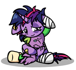 Size: 1420x1307 | Tagged: safe, artist:derp pone, imported from derpibooru, spike, twilight sparkle, alicorn, dragon, pony, bandage, black eye, crying, duo, duo male and female, female, hug, injured, male, messy mane, simple background, sitting, smiling, twilight sparkle (alicorn), white background