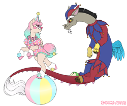 Size: 2200x1846 | Tagged: safe, artist:dozyarts, imported from derpibooru, discord, oc, oc:dozy, draconequus, ball, clothes, clown outfit, costume, female, hat, jester hat, nightmare night costume, simple background, white background
