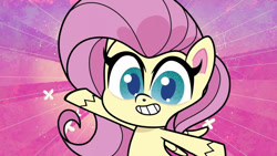 Size: 1192x670 | Tagged: safe, imported from derpibooru, screencap, fluttershy, pegasus, pony, director spike's mockumentary, my little pony: pony life, female, g4.5, looking at you, mare, open mouth, solo