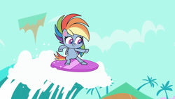 Size: 1192x670 | Tagged: safe, imported from derpibooru, screencap, rainbow dash, pegasus, pony, my little pony: pony life, the great divide, bipedal, female, g4.5, mare, potion ocean, solo, surfboard, surfing