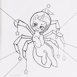 Size: 1600x1600 | Tagged: safe, artist:jewellier, imported from derpibooru, trixie, monster pony, original species, spiderpony, unicorn, black and white, clothes, eyebrows, female, grayscale, grin, halloween, hat, holiday, lineart, mare, monochrome, multiple limbs, signature, simple background, smiling, solo, stars, tangible heavenly object, traditional art, trixie's hat, white background