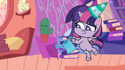 Size: 1192x670 | Tagged: safe, imported from derpibooru, screencap, twilight sparkle, alicorn, pony, don't look a .gif horse in the mouth, my little pony: pony life, bipedal, cactus, female, g4.5, golden oaks library, hat, mare, open mouth, party hat, solo, twilight sparkle (alicorn), watering can