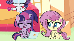 Size: 1192x670 | Tagged: safe, imported from derpibooru, screencap, fluttershy, rarity, twilight sparkle, alicorn, pegasus, pony, unicorn, my little pony: pony life, spoiler:pony life s02e13, computer, cup, eyes closed, female, g4.5, laptop computer, laughing, magical mare-story tour, mare, open mouth, sugarcube corner, teacup, trio, trio female, twilight sparkle (alicorn)
