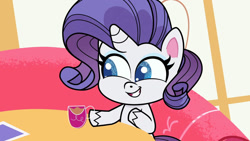 Size: 1192x670 | Tagged: safe, imported from derpibooru, screencap, rarity, pony, unicorn, my little pony: pony life, spoiler:pony life s02e13, cup, female, g4.5, magical mare-story tour, mare, solo, sugarcube corner, teacup