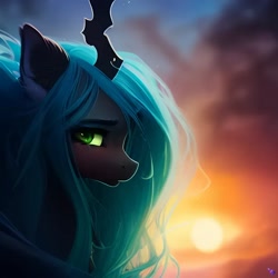 Size: 1024x1024 | Tagged: safe, imported from derpibooru, queen chrysalis, changeling, ai content, ai generated, cute, cutealis, ear fluff, eyebrows, eyelashes, female, generator:purplesmart.ai, generator:stable diffusion, looking at you, mare, messy mane, profile, prompter:nightluna, solo, sun, sunrise, the quality of ai art is frightening, watermark