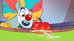 Size: 3072x1727 | Tagged: safe, imported from derpibooru, screencap, earth pony, pony, spoiler:g5, spoiler:my little pony: tell your tale, spoiler:tyts01e30, apple, clown, clown makeup, clown nose, food, g5, high res, male, my little pony: tell your tale, nightmare night party, open mouth, open smile, red nose, rufus, smiling, solo, stallion, youtube link