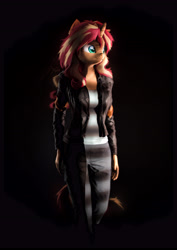Size: 4000x5656 | Tagged: safe, artist:imafutureguitarhero, imported from derpibooru, sunset shimmer, anthro, classical unicorn, unicorn, 3d, absurd resolution, border, cheek fluff, chest freckles, chromatic aberration, clothes, colored eyebrows, colored eyelashes, dark background, denim, ear fluff, ear freckles, female, film grain, fluffy, fluffy mane, fluffy tail, freckles, fur, horn, jacket, jeans, leather, leather jacket, leonine tail, looking sideways, looking to the right, mare, multicolored hair, multicolored mane, multicolored tail, neck fluff, nose wrinkle, paintover, pants, peppered bacon, revamped anthros, revamped ponies, shirt, signature, smiling, solo, source filmmaker, tail, wall of tags