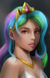 Size: 1021x1600 | Tagged: safe, artist:camyllea, imported from derpibooru, princess celestia, human, bare shoulders, humanized, sleeveless, solo, strapless
