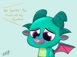 Size: 3200x2400 | Tagged: safe, artist:cobaltskies002, imported from derpibooru, dragon, cute, g5, implied hitch trailblazer, offscreen character, pacifier, simple background, sparky sparkeroni, sparkybetes