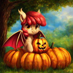 Size: 2048x2048 | Tagged: safe, imported from derpibooru, apple bloom, bat pony, pony, adorabloom, ai content, ai generated, bat ponified, bloombat, cute, generator:stable diffusion, grin, halloween, holiday, jack-o-lantern, looking at you, pumpkin, race swap, smiling, solo, tree