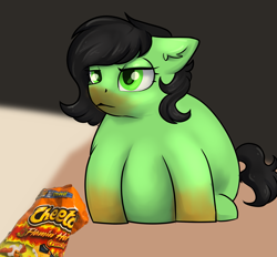 Size: 2347x2178 | Tagged: safe, artist:dumbwoofer, imported from derpibooru, oc, oc:filly anon, earth pony, pony, cheeto dust, cheetos, ear fluff, fat, female, filly, foal, messy, messy eating, obese, simple background, slob, solo