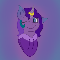 Size: 945x945 | Tagged: safe, artist:lil_vampirecj, imported from derpibooru, oc, oc only, oc:mauve, hybrid, pony, bust, jewelry, looking at you, one eye closed, pegicorn, portrait, ring, smiling, smiling at you, solo, wink, winking at you