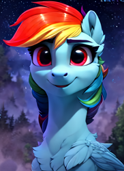 Size: 2048x2816 | Tagged: safe, artist:darbarri, imported from derpibooru, rainbow dash, pegasus, pony, ai assisted, ai content, bust, chest fluff, close-up, detailed background, female, generator:purplesmart.ai, generator:stable diffusion, mare, night, portrait, red eyes, smiling