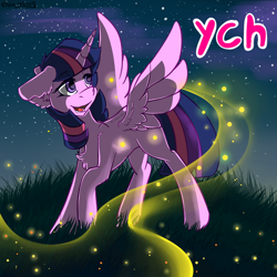 Size: 1780x1780 | Tagged: safe, artist:yuris, imported from derpibooru, twilight sparkle, alicorn, firefly (insect), insect, pony, advertisement, auction, community related, ears back, eyebrows, eyebrows visible through hair, female, field, grass, looking back, mare, night, open mouth, open smile, signature, smiling, solo, spread wings, stars, twilight sparkle (alicorn), wings, ych example, your character here