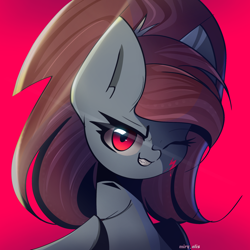 Size: 2000x2000 | Tagged: safe, artist:miryelis, imported from derpibooru, oc, oc only, oc:rainven wep, pegasus, pony, big ears, bust, cut, female, look, looking at you, ponytail, red eyes, signature, simple background, smiling, solo