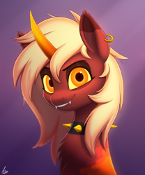 Size: 2000x2400 | Tagged: safe, artist:luminousdazzle, imported from derpibooru, oc, oc only, oc:jackie, pony, unicorn, bust, chest fluff, collar, colored horn, curved horn, ear piercing, earring, eyebrows, fangs, female, glowing, glowing eyes, grin, high res, horn, jewelry, looking at you, mare, piercing, signature, simple background, smiling, smiling at you, solo, spiked collar, unicorn oc