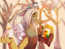 Size: 1080x822 | Tagged: safe, artist:deepfantasy6, idw, imported from derpibooru, discord, bee, bird, butterfly, cockatiel, draconequus, insect, rabbit, squirrel, spoiler:comic, spoiler:g5comic, animal, g5, heart, horn, old man discord, reginald fursome, signature, tree