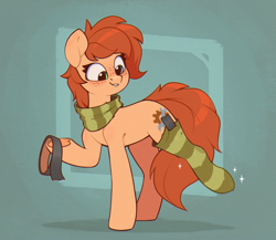 Size: 1270x1102 | Tagged: safe, artist:rexyseven, imported from derpibooru, oc, oc only, oc:rusty gears, earth pony, pony, clothes, female, freckles, heterochromia, scarf, socks, solo, striped scarf, striped socks, tape